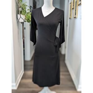 Vintage Goth Black 3/4 Asymmetrical Ruffle Sleeve Faux Wrap Midi Dress Size M